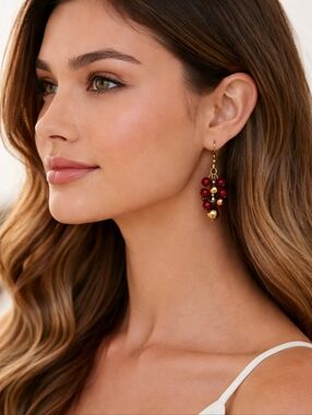 3/$30 HANDMADE Faceted Coral Red Gold Bead Cluster Dangle Hook Earrings